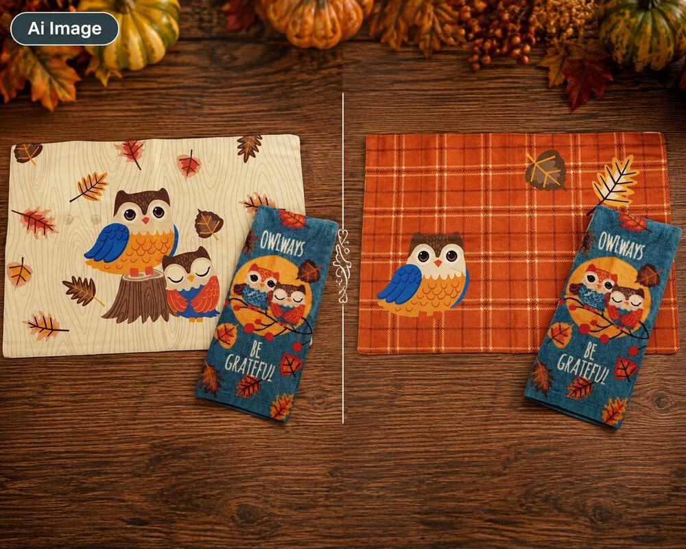 🦉🦃🙏🏻Fall Owl Kitchen Towel Reversible Placemat Thanksgiving Woodland